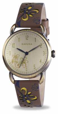 Kahuna Womens' Brown & Yellow Floral Pattern Cut Leather Strap KLS-0248L Kahuna Womens' Brown & Yellow Floral Pattern Cut Leather Strap KLS-0248L