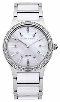 Karen Millen Womens' Mother Of Pearl Dial Crystal-Set White Ceramic/ Steel KM122SM Karen Millen Womens' Mother Of Pearl Dial Crystal-Set White Ceramic/ Steel KM122SM