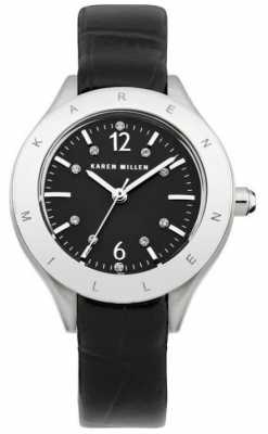 Karen Millen Womens' Stainless Steel & Black Crystal Set Leather Strap Watch KM109B Karen Millen Womens' Stainless Steel & Black Crystal Set Leather Strap Watch KM109B