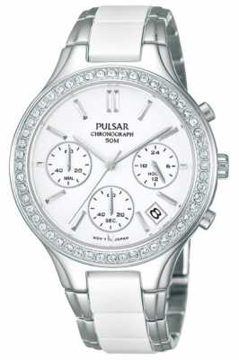 Pulsar Womens' White Ceramic & Stainless Steel Crystal-Set Chrono PT3305X1 Pulsar Womens' White Ceramic & Stainless Steel Crystal-Set Chrono PT3305X1