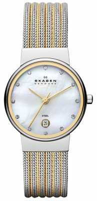 Skagen Womens' Two Tone Pearl Dial Crystal Set Bezel Watch 355SSGS Skagen Womens' Two Tone Pearl Dial Crystal Set Bezel Watch 355SSGS