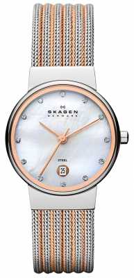 Skagen Womens' Two Tone Pearl Dial Crystal-Set Mesh Strap Watch 355SSRS Skagen Womens' Two Tone Pearl Dial Crystal-Set Mesh Strap Watch 355SSRS