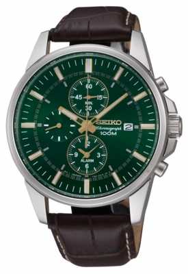 Seiko Mens Stainless Steel Green Dial Brown Leather Alarm Chrono SNAF09P1 Seiko Mens Stainless Steel Green Dial Brown Leather Alarm Chrono SNAF09P1