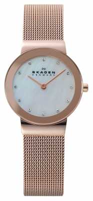 Skagen Womens' Rose-Gold Plate Pearl Crystal-Set Dial Mesh Strap 358SRRD Skagen Womens' Rose-Gold Plate Pearl Crystal-Set Dial Mesh Strap 358SRRD