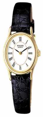 Pulsar Womens' Gold Plate White Oval Dial Black Leather Watch PPGD64X1 Pulsar Womens' Gold Plate White Oval Dial Black Leather Watch PPGD64X1