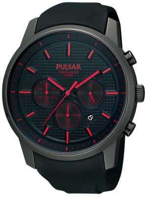 Pulsar Mens Black Ion-Plated Red Detail Rubber Strap Watch PT3195X1 Pulsar Mens Black Ion-Plated Red Detail Rubber Strap Watch PT3195X1