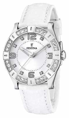 Festina Womens' Stainless Steel Crystal-Set White Leather Strap Watch F16537/1 Festina Womens' Stainless Steel Crystal-Set White Leather Strap Watch F16537/1