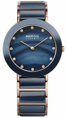 Bering Womens Blue Ceramic, Rose Gold, Pearl, Stone 11435-767 Bering Womens Blue Ceramic, Rose Gold, Pearl, Stone 11435-767
