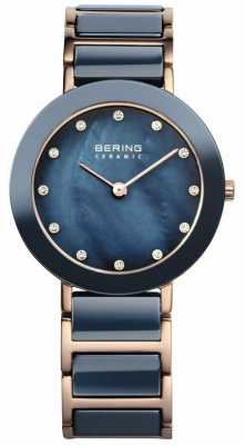 Bering Womens Blue Ceramic Rose, Gold, Pearl 11429-767 Bering Womens Blue Ceramic Rose, Gold, Pearl 11429-767