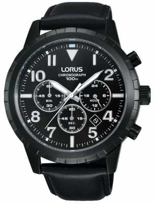 Lorus Mens Black Chronograph Black Leather Strap RT365FX9 Lorus Mens Black Chronograph Black Leather Strap RT365FX9