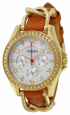 Fossil Womans Silver Chronograph Dial Brown Leather Strap Gold Case ES3723 Fossil Womans Silver Chronograph Dial Brown Leather Strap Gold Case ES3723