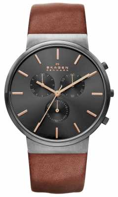 Skagen Mens Round Black Chronograph Dial Brown Leather Strap SKW6106 Skagen Mens Round Black Chronograph Dial Brown Leather Strap SKW6106
