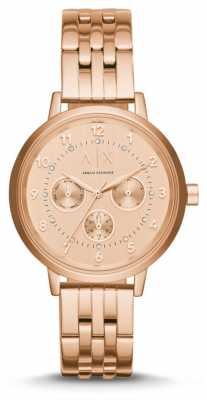 Armani Exchange Womans Rose Gold Plated Stainless Steel Strap Rose Gold Dial AX5374 Armani Exchange Womans Rose Gold Plated Stainless Steel Strap Rose Gold Dial AX5374