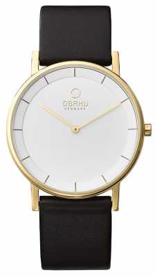 Obaku Mens Black Leather Strap Gold Case White Dial V143GXGWRB Obaku Mens Black Leather Strap Gold Case White Dial V143GXGWRB
