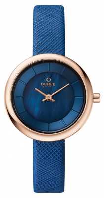 Obaku Womans Rose Gold Case Blue Leather Strap Blue Dial V146LXVLRA Obaku Womans Rose Gold Case Blue Leather Strap Blue Dial V146LXVLRA