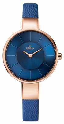 Obaku Womans Rose Gold Case Blue Leather Strap Blue Dial V149LXVLRA Obaku Womans Rose Gold Case Blue Leather Strap Blue Dial V149LXVLRA