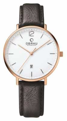 Obaku Mens Rose Gold Case Black Leather Strap White Dial V181GDVWRB Obaku Mens Rose Gold Case Black Leather Strap White Dial V181GDVWRB