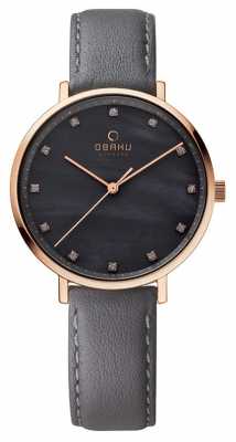 Obaku Womans Rose Gold Case Grey Leather Strap V186LXVJRJ Obaku Womans Rose Gold Case Grey Leather Strap V186LXVJRJ