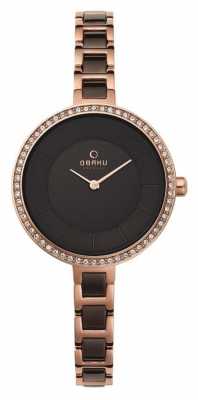 Obaku Womans Rose Gold Case Two Tone Strap Black Dial V191LEVNSV Obaku Womans Rose Gold Case Two Tone Strap Black Dial V191LEVNSV