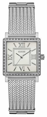 Guess Womans Highline Silver Mesh Strap White Rectangle Dial W0826L1 Guess Womans Highline Silver Mesh Strap White Rectangle Dial W0826L1