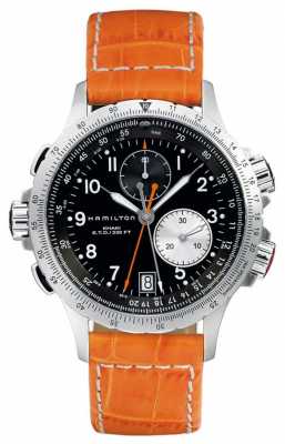 Hamilton Mens Khaki ETO Flyback Orange Leather Strap H77612933 Hamilton Mens Khaki ETO Flyback Orange Leather Strap H77612933