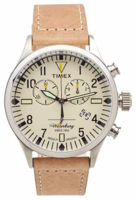 Timex Mens The Waterbury Chronograph Beige Leather Strap TW2P84200 Timex Mens The Waterbury Chronograph Beige Leather Strap TW2P84200