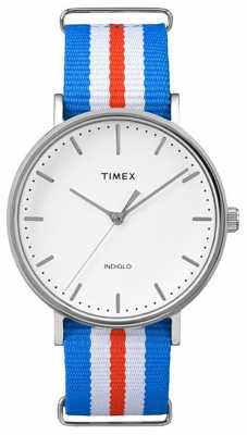 Timex Unisex Weekender Fairchild White Blue Orange Strap TW2P91100 Timex Unisex Weekender Fairchild White Blue Orange Strap TW2P91100