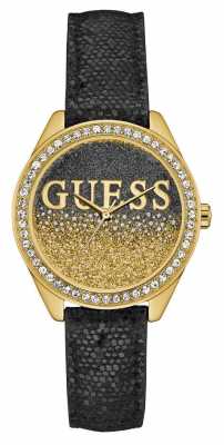 Guess Womens Glitter Girl Black Leather Strap Gold Case W0823L6 Guess Womens Glitter Girl Black Leather Strap Gold Case W0823L6