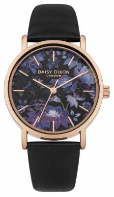 Daisy Dixon Black Leather Strap With Printed Flower Face DD037BRG Daisy Dixon Black Leather Strap With Printed Flower Face DD037BRG