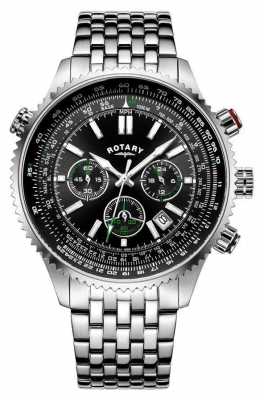 Rotary Gents Chronograph Steel Bracelet, Black Dial, Green Accents GB00699/10 Rotary Gents Chronograph Steel Bracelet, Black Dial, Green Accents GB00699/10
