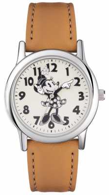 Disney Adult Minnie Mouse Silver Case Tan Strap MN1550 Disney Adult Minnie Mouse Silver Case Tan Strap MN1550