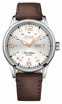 Hugo Boss Mens Pilot Vintage Brown Leather Strap Silver Dial 1513333 Hugo Boss Mens Pilot Vintage Brown Leather Strap Silver Dial 1513333