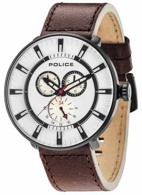 Police Herren Liga Multi-Funktions-braunem Leder weißes Zifferblatt 15040XCYB/01 Police Herren Liga Multi-Funktions-braunem Leder weißes Zifferblatt 15040XCYB/01