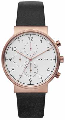 Skagen Mens Ancher Black Leather Strap White Chronograph SKW6371 Skagen Mens Ancher Black Leather Strap White Chronograph SKW6371