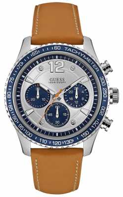 Guess Mens Fleet Chronograph Brown Leather Strap Silver Dial W0970G1 Guess Mens Fleet Chronograph Brown Leather Strap Silver Dial W0970G1