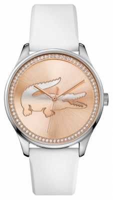 Lacoste Womans white silicone strap rose gold stone set dial 2000969 Lacoste Womans white silicone strap rose gold stone set dial 2000969