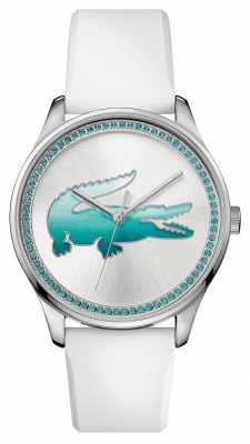 Lacoste Womans White Rubber Blue Crystal Watch 2000971 Lacoste Womans White Rubber Blue Crystal Watch 2000971