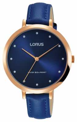Lorus Womans Blue Leather Strap Rose Gold Plated Case Blue Dial RG230MX9 Lorus Womans Blue Leather Strap Rose Gold Plated Case Blue Dial RG230MX9