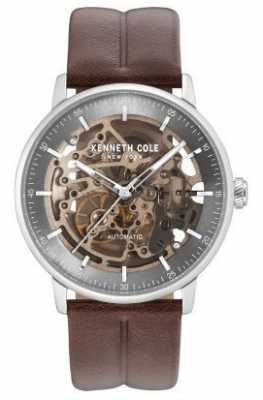 Kenneth Cole Mens Automatic Silver Grey Skeleton Dial Brown Leather Strap KC15104001 Kenneth Cole Mens Automatic Silver Grey Skeleton Dial Brown Leather Strap KC15104001